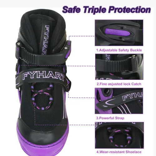 Vista 2 de Patines en línea ajustables para niños, niñas y niños, color morado y negro, todas las ruedas iluminan patines para niños principiantes al aire