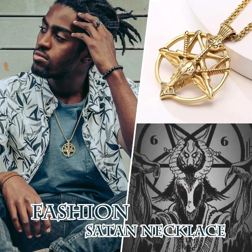 Vista 3 de TempBeau Collar con colgante de pentagrama satánico Baphomet Cadena de eslabones de pentáculo invertida hecha a mano, iglesia satanista, punk