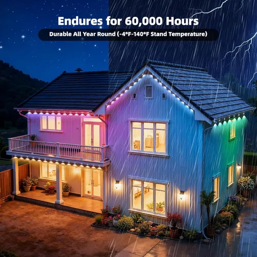 Vista 6 de Luces permanentes para exteriores para casa, IP67 impermeable con 60 luces RGB + IC, luces inteligentes de Navidad de 99.8 pies para exteriores