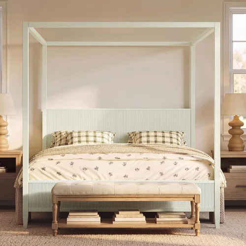 Vista 40 de Cama de plataforma con dosel de 4 pósteres de tamaño matrimonial con cabecero de listones verticales Negro-8.1