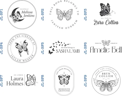 Vista 3 de Pickled Stamps Sello de madera personalizado para libros de biblioteca, tema de mariposa, sello rectangular personalizado de 2 x 2 pulgadas, negro
