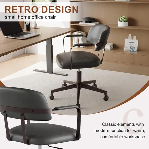 Vista 6 de BFZ Silla de escritorio retro de mediados de siglo para oficina en casa con respaldo, piel sintética, altura ajustable, giratoria, reposabrazos