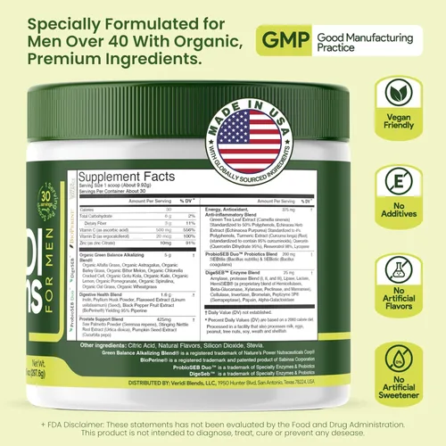 Vista 7 de Veridi Greens for Men 40+ Superalimento en polvo con palma enana americana 200 mg y espirulina Salud diaria de la próstata, flujo urinario