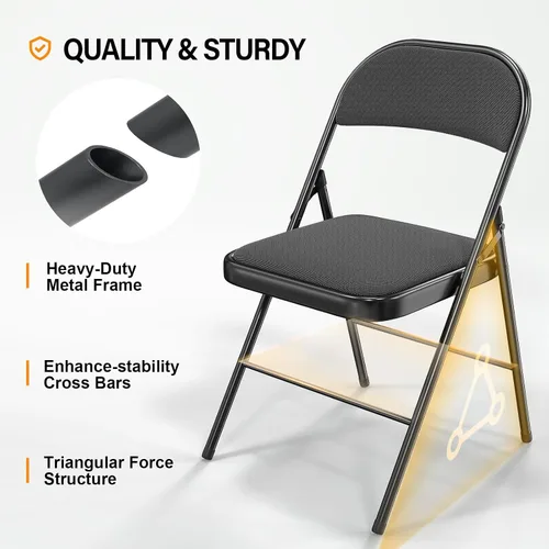 Vista 4 de VINGLI Paquete de 4 sillas plegables con asientos acolchados, marco de metal con asiento y respaldo de tela, capacidad de 350 libras, color negro