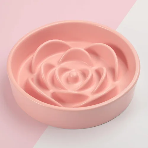 Vista 6 de Tazón de cerámica rosa para perros de razas pequeñas y medianas, cuenco elevado/elevado de 6.1 pulgadas de alimentación lenta, cuenco de comida