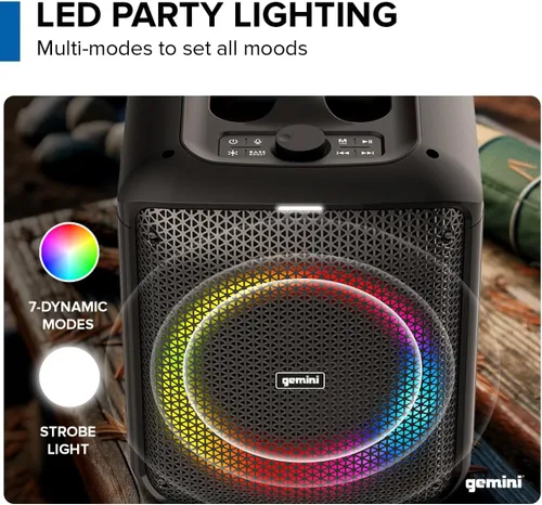 Vista 3 de Gemini - Altavoz Bluetooth estilo caja para fiestas con luces LED, woofer de 6.5 pulgadas, micrófono inalámbrico, graves profundos, emparejamiento