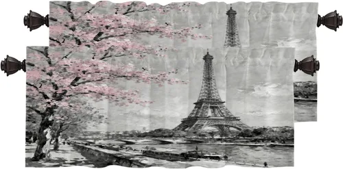 Vista 34 de Cortinas opacas de cocina con pintura al óleo de Europa rosa y negra para ventanas, cenefas opacas modernas de torre Eiffel de poliéster multicapa