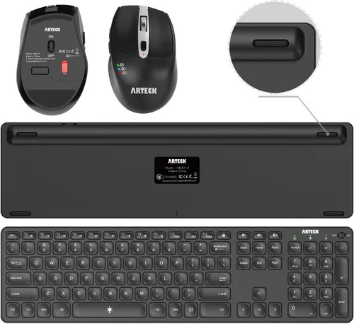 Vista 3 de Arteck Teclado y Ratón Bluetooth Universal Multidispositivo Teclado Bluetooth Inalámbrico de Tamaño Completo y Conjunto de Ratón Ergonómico