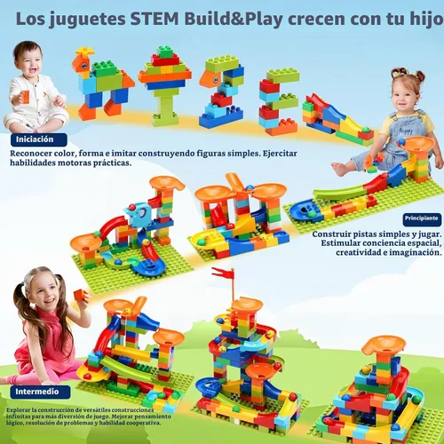 Vista 2 de COUOMOXA Construcción de Marble Run para niños: juego de bloques de construcción STEM compatible con ladrillos clásicos, juguetes educativos