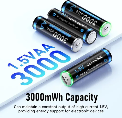Vista 3 de CITYORK Baterías recargables AA de litio de 3000 mWh, paquete de 8, batería doble A recargable USB de 1.5 V