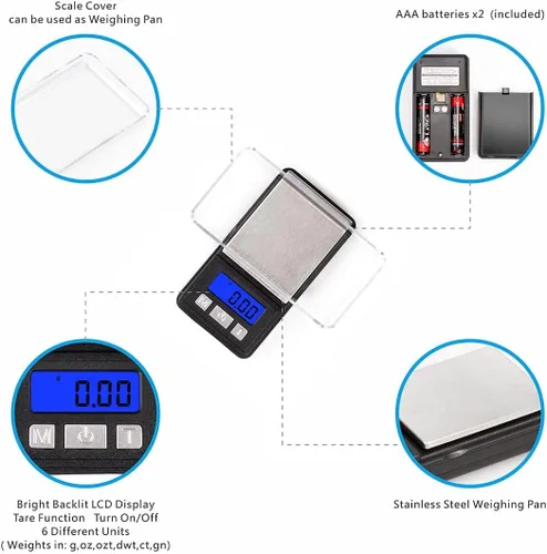 Vista 5 de Fuzion Báscula Ultra Mini Gramo, 100/0.00 oz, báscula digital de bolsillo, pequeña báscula de joyería con bandeja, báscula de alimentos con 6
