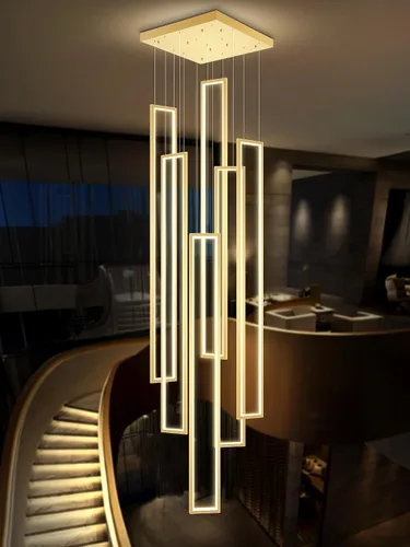 Vista 9 de Flashing God Candelabro moderno, candelabros cromados con 6 anillos LED, lámpara de techo alto más grande para sala de estar, lámpara rectangular