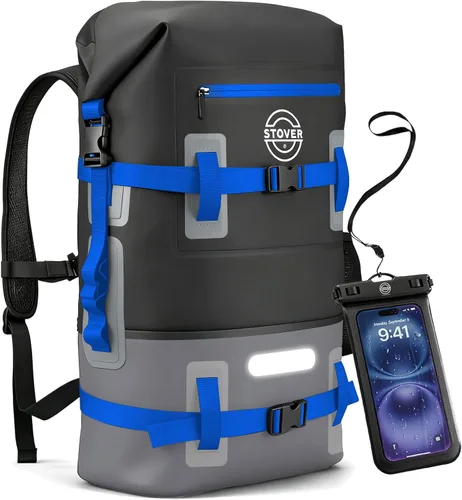 Vista 15 de STOVER - Mochila seca impermeable de 30/40/55L y funda para teléfono, bolsa seca flotante extragrande para kayak, viajes, senderismo, pesca Negro