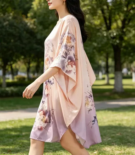 Vista 4 de Pijama de seda 100% para mujer, batas de baño de seda para mujer, batas de kimono de seda, batas de baño con mangas de muñeca, estampado floral