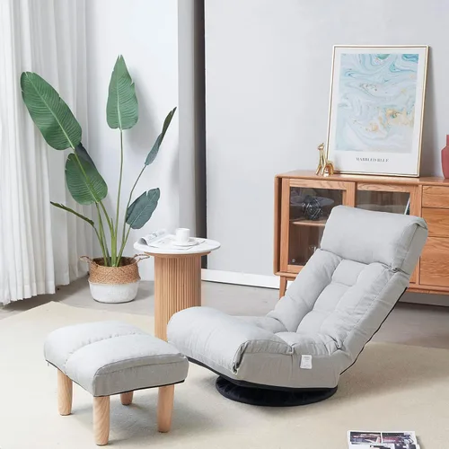 Vista 5 de Silla giratoria de 360 grados para juegos, silla de piso plegable con respaldo ajustable, tumbona acolchada para interiores con taburete, sofá