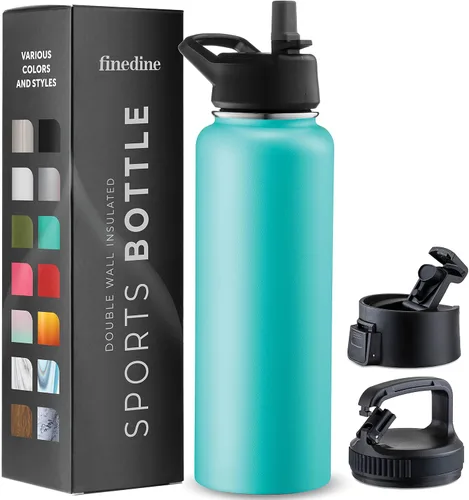 Vista 22 de FineDine Botellas de agua aisladas de triple pared con popote, botella de metal de acero inoxidable de 25 onzas con 3 tapas a prueba de fugas