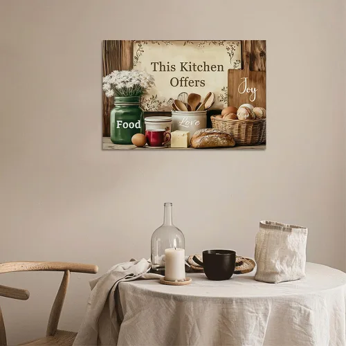 Vista 4 de CGXLB Arte de pared de cocina campestre, estilo vintage, esta cocina ofrece comida, amor y alegría, naturaleza muerta, pintura al óleo, pan de café