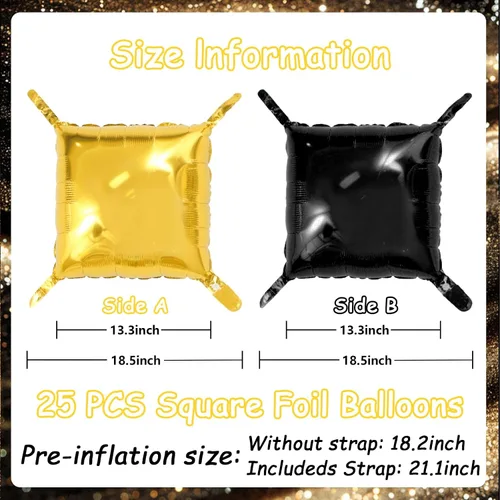 Vista 2 de MEMOVAN Globos cuadrados de papel de aluminio negro y dorado, telón de fondo de pared de doble cara, globos metálicos negros y dorados, guirnalda