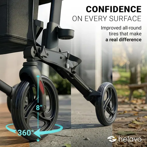Vista 4 de Helavo Rodillo plegable con asiento, ruedas giratorias de 360° de 8 pulgadas, 24.8 pulgadas de ancho, andador de aluminio ligero para personas