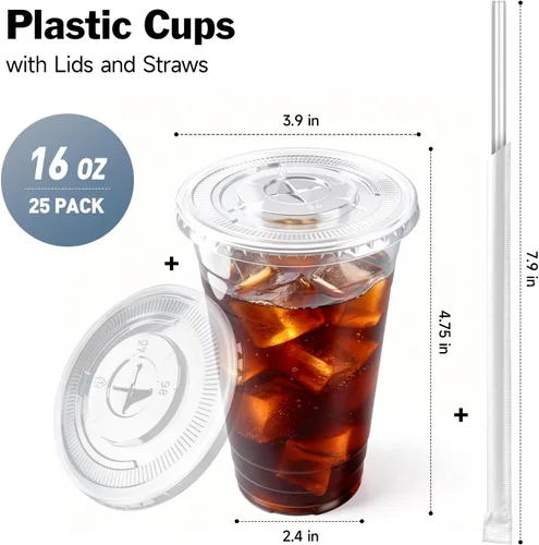 Vista 2 de Paquete de 100 vasos de 16 onzas con tapas y pajitas, vasos de plástico desechables con tapas, sin BPA, perfectos para café helado, frappes, batidos
