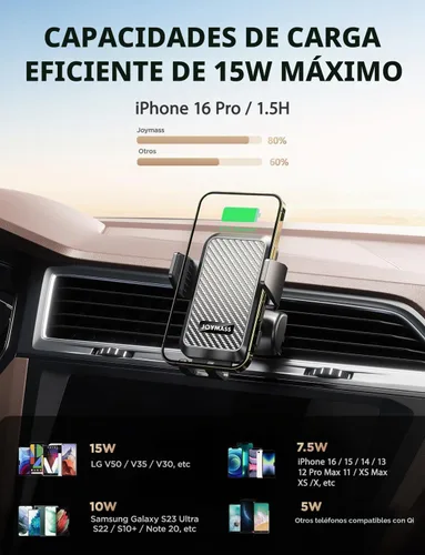 Vista 3 de JOYMASS Cargador inalámbrico de coche, soportes de teléfono para tu automóvil, soporte de teléfono de sujeción automática de 15 W, accesorios
