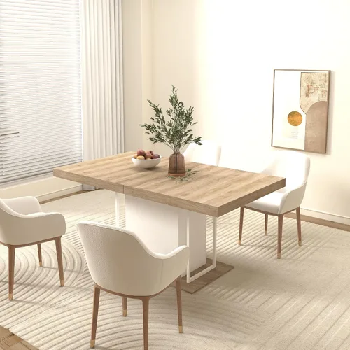 Vista 5 de Mesa de comedor extensible rectangular de 78.74 pulgadas para 6-10 personas, con base de pedestal blanca para cocina, comedor, sala de reuniones