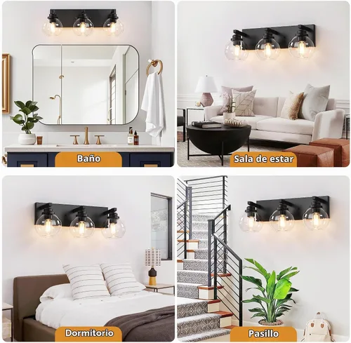 Vista 6 de LmnLvn Lámparas de baño, 3 luces de tocador de color negro mate, modernas lámparas de baño sobre espejo, luces de tocador de granja con pantalla