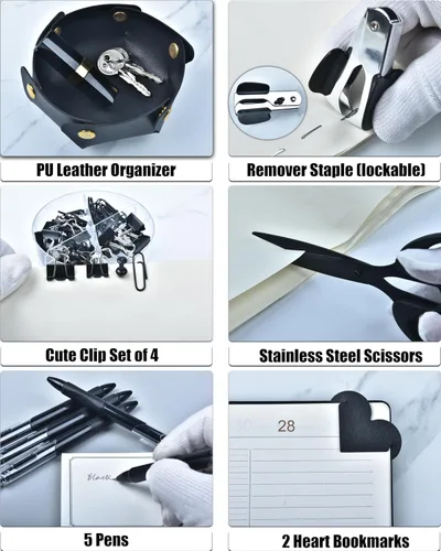 Vista 4 de Accesorios de escritorio negros, suministros de oficina, organizador de escritorio con soporte para bolígrafos de 360°, con dispensador de cinta