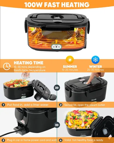 Vista 7 de Eocolz Fiambrera eléctrica calentador de alimentos de 80-100 W, calentador de alimentos con doble contenedor, 1.5L, lonchera portátil calentada