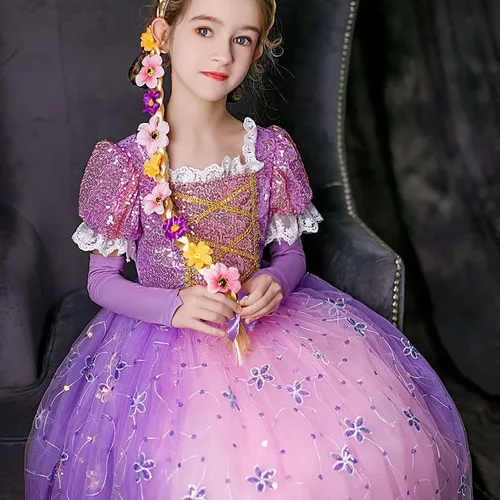 Vista 9 de TPMG Disfraz de princesa Rapunzel para niñas de 3 a 10 años, ropa de disfraces de Halloween para niños, juego de simulación, cumpleaños