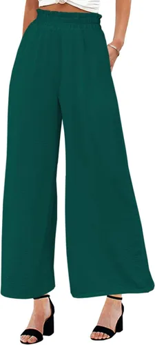 Vista 2 de Pasgreson Women's Casual Wide Leg Pants Flowy Ruffle Elastic Drawstring Waist Beach Palazzo Loose Pants with Pockets