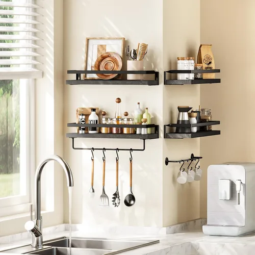 Vista 6 de AMADA HOMEFURNISHING AMFS01B - Estantes de baño con toallero, estantes flotantes, estantes de pared para baño/sala de estar/cocina/dormitorio