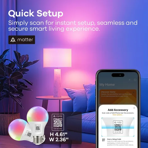 Vista 4 de OREiN Matter Bombilla Inteligente, 1100 Lúmenes Equivalente a 75W Bombillas Inteligentes, Bombillas de Luz que Cambian de Color Funcionan con Apple