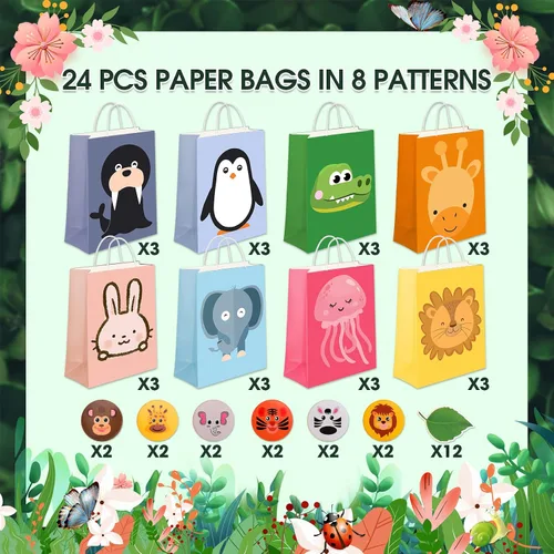 Vista 2 de Paquete de 24 bolsas de regalo para fiestas de animales, bolsas de regalo para niños para fiesta de cumpleaños, bolsas de regalo de papel coloridas