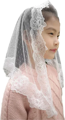 Vista 2 de Velos triangulares de mantilla para niñas de primera comunión, con encaje, misa latina