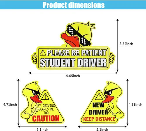 Vista 2 de Paquete de 3 calcomanías para coche, diseño de pato, letrero de conductor estudiante con texto en inglés "Keep Distance Be Patient