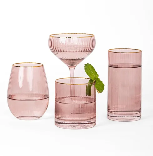 Vista 2 de Mary Square 47881 Gold Rim - Taza de bebida de cóctel para vino de champán con tallo de vidrio acanalado duradero de 5 onzas, accesorio para carrito