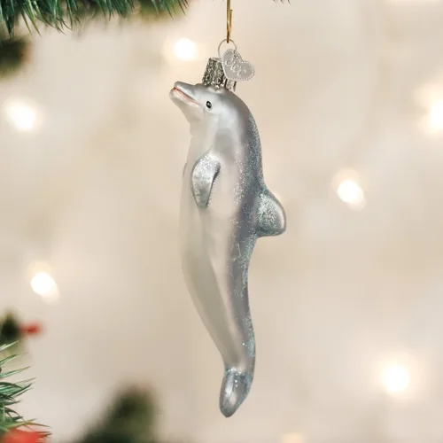 Vista 2 de Old World Christmas Adornos: Adornos de cristal soplado de animales marinos y acuáticos para árbol de Navidad, delfín juguetón