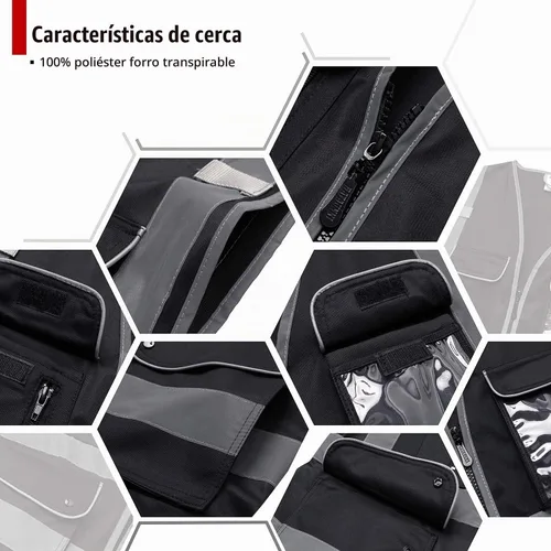 Vista 3 de Chaleco de seguridad reflectante para hombres y mujeres, chaleco de malla de alta visibilidad con 9 bolsillos y cremallera frontal, chaleco