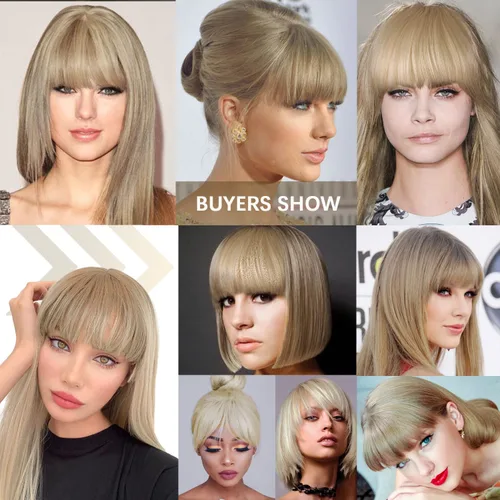 Vista 7 de Extensión de cabello rubio ceniza, clip de flequillo francés, grueso y natural, flequillo ordenado, flequillo recto con fleco con sienes, una pieza