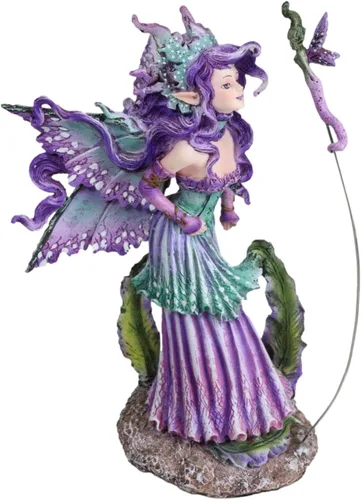 Vista 6 de Ebros Amy Brown Pixie Gossip Enchanted Elf Fairy FAE Damisela con ninfa púrpura índigo, estatua de libélula de 7.5 pulgadas de alto, fantasía mítica