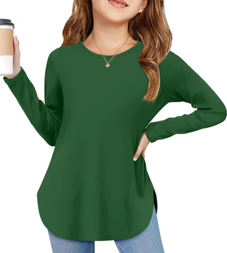 Vista 18 de Arshiner - Camisetas de manga larga para niñas, cuello redondo, dobladillo curvo, abertura lateral, básicas, casuales, de ajuste holgado, tipo