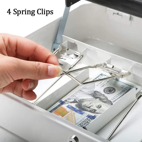 Vista 3 de Decaller - Caja de dinero en voladizo de metal con cerradura de llave, caja de dinero grande con 5 compartimentos y 4 clips con resorte