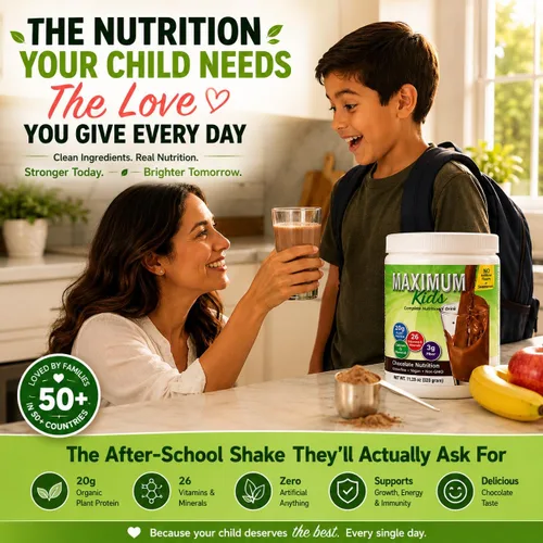 Vista 2 de Maximum Kids - Mezcla completa de polvo orgánico. Gran sabor, fácil de usar, bebida nutricional completa con 26 vitaminas y minerales, 0.71 onzas