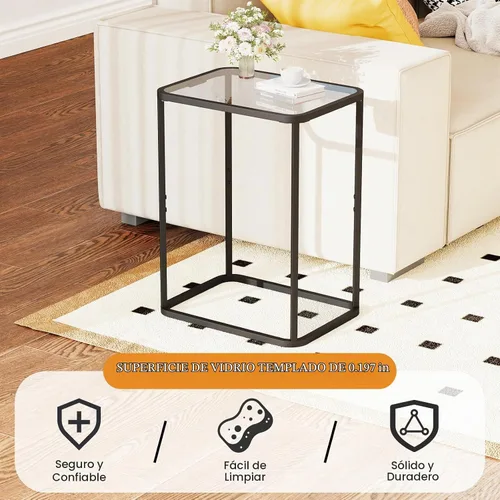 Vista 8 de Garden 4 you Mesa auxiliar de cristal, mesa auxiliar rectangular con marco de metal, moderna mesita de noche para oficina, dormitorio, sala de Negro