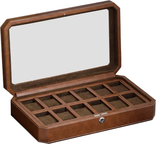 Vista 8 de ROTHWELL Caja de reloj de cuero con 12 ranuras, organizador de lujo para relojes, forro de microgamuza, soporte para relojes de joyería para hombre