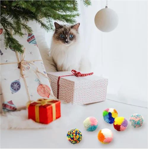 Vista 5 de Andiker 6 piezas de juguetes de bolas de gato de colores surtidos, hilo de lana, bolas de pompón para gatos, juguetes interactivos para perseguir