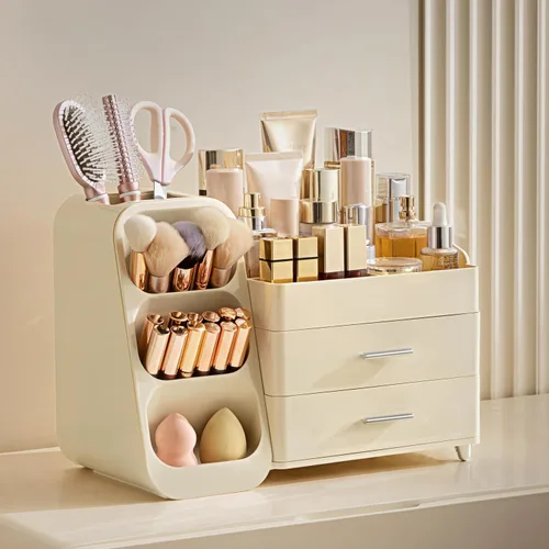Vista 5 de HBlife Organizador de maquillaje con soporte para brochas para tocador, organizador grande de plástico para tocador de baño, almacenamiento