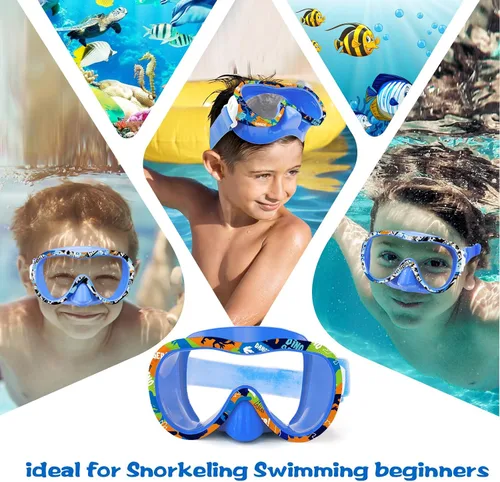 Vista 8 de Gafas de natación para niños con cubierta para la nariz, máscara de esnórquel panorámica de 180° con diseño antivaho y antifugas, correa de tela
