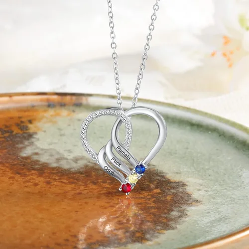 Vista 7 de Jeweidea Collar de corazón personalizado con 2-6 piedras natales de imitación con nombre personalizado madre e hija cadena colgante para mujeres